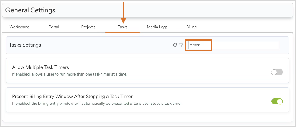 Settings for task timers and billing entry in general settings interface.
